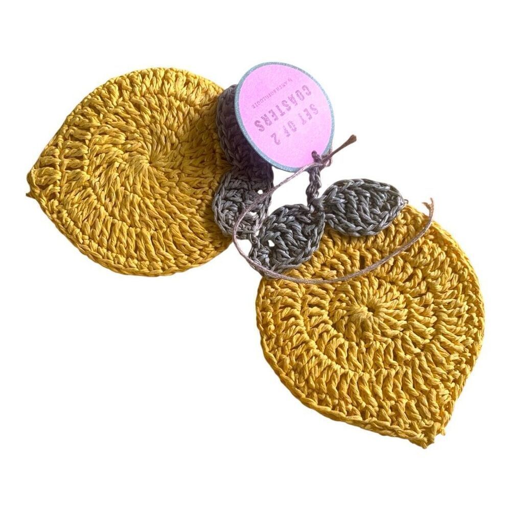 Anthropologie Woven Raffia Lemon Coasters, Set of 2 Crochet Tropical Decor